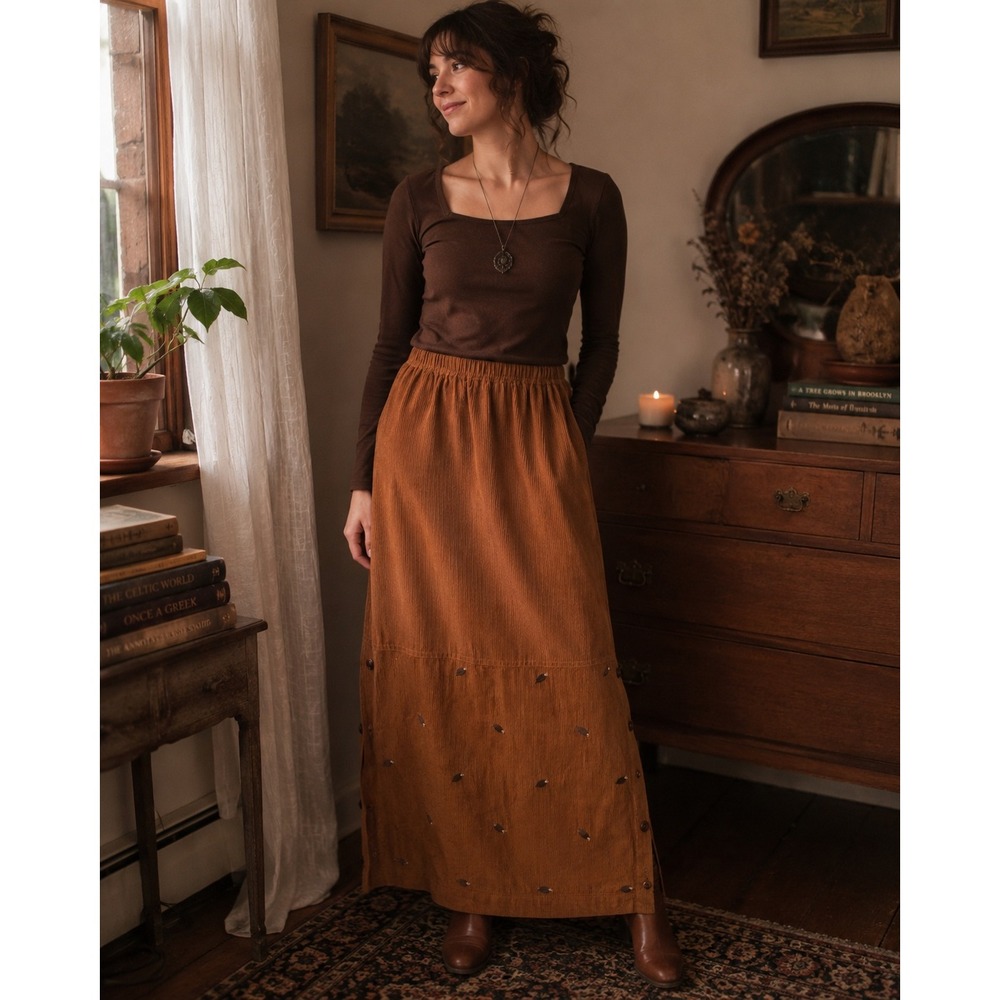 Wildrose 100% Linen Maxi Skirt Cinnamon Rust Leaf Detail Button Side Cottagecore